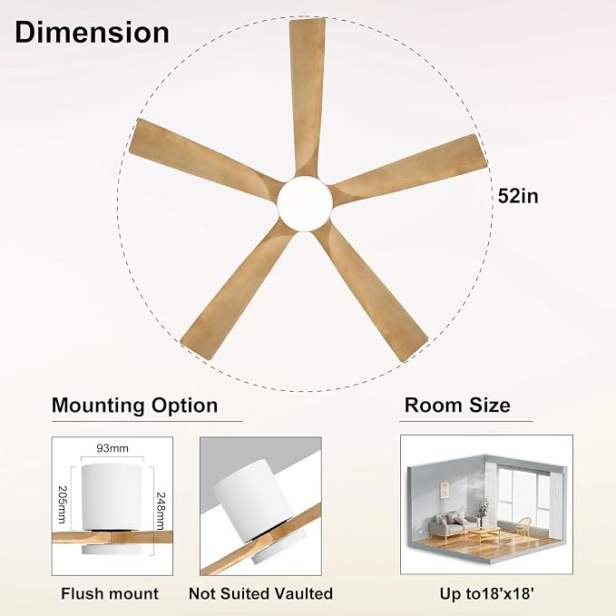 52 Inch Flush Mount Ceiling Fan with Lights, Low Profile Modern Ceiling Fan with Remote, Quiet DC Motor, 6-Speed, 3CCT,Timer