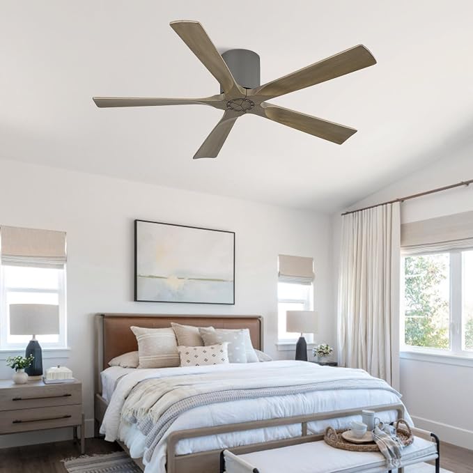 52 Inch Flush Mount Ceiling Fan without Light, Low Profile Modern Ceiling Fan with Remote, Quiet DC Motor, 6-Speed, Timer