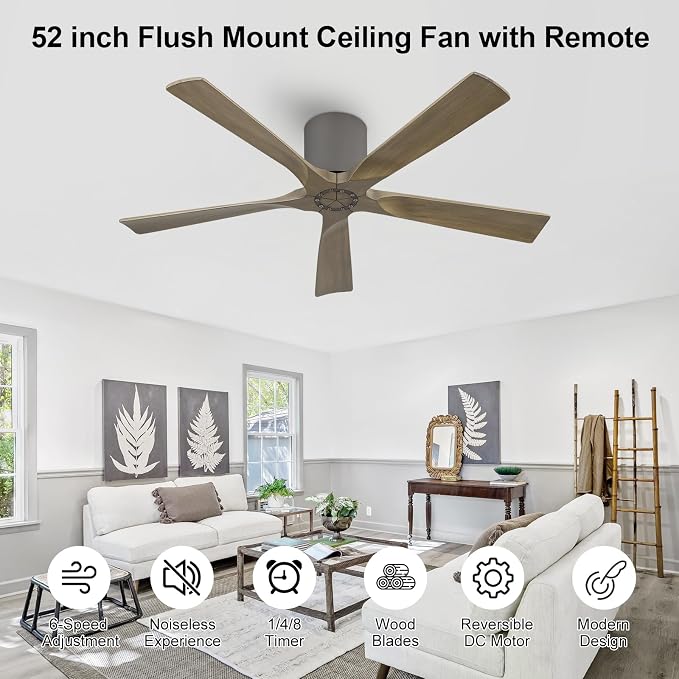 52 Inch Flush Mount Ceiling Fan without Light, Low Profile Modern Ceiling Fan with Remote, Quiet DC Motor, 6-Speed, Timer