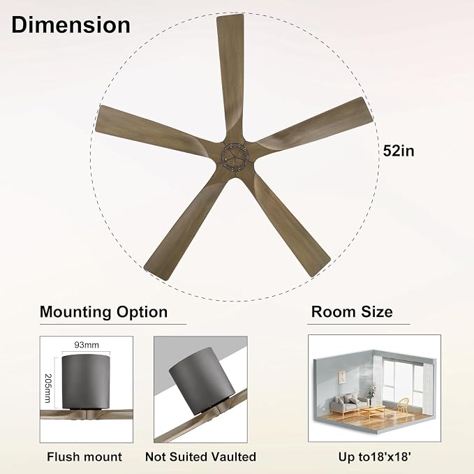 52 Inch Flush Mount Ceiling Fan without Light, Low Profile Modern Ceiling Fan with Remote, Quiet DC Motor, 6-Speed, Timer