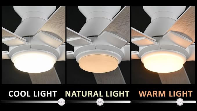 52 Inch Flush Mount Ceiling Fan without Lights, White Ceiling Fan with Remote, 10-Speed Reversible DC Motor, 3 Light Colors