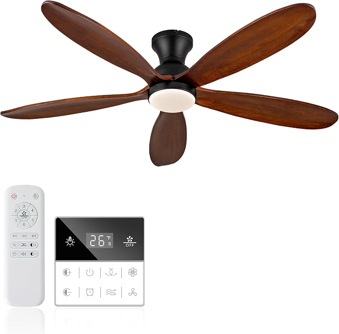 52 Inch Flush Mount Ceiling Fans with Lights, Remote, Dimmable, Power-Off Memory, Quiet DC Motor,5 Blades Wood Ceiling Fan