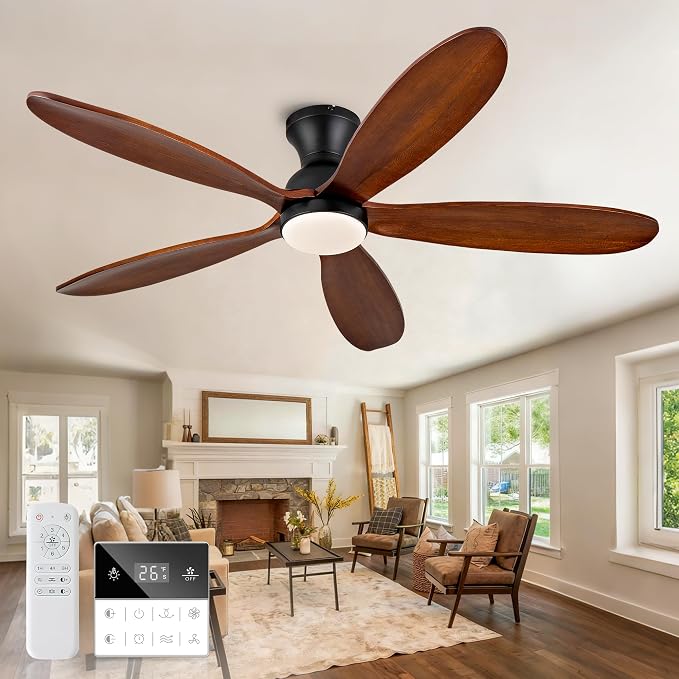 52 Inch Flush Mount Ceiling Fans with Lights, Remote, Dimmable, Power-Off Memory, Quiet DC Motor,5 Blades Wood Ceiling Fan