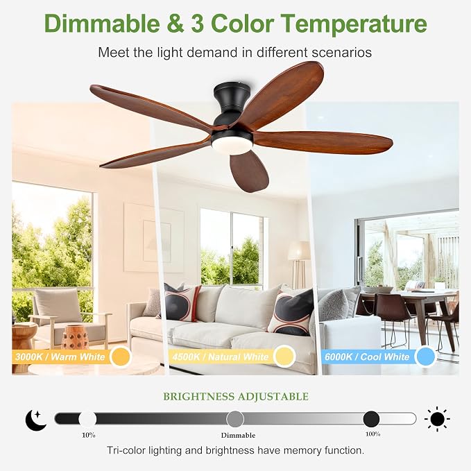 52 Inch Flush Mount Ceiling Fans with Lights, Remote, Dimmable, Power-Off Memory, Quiet DC Motor,5 Blades Wood Ceiling Fan