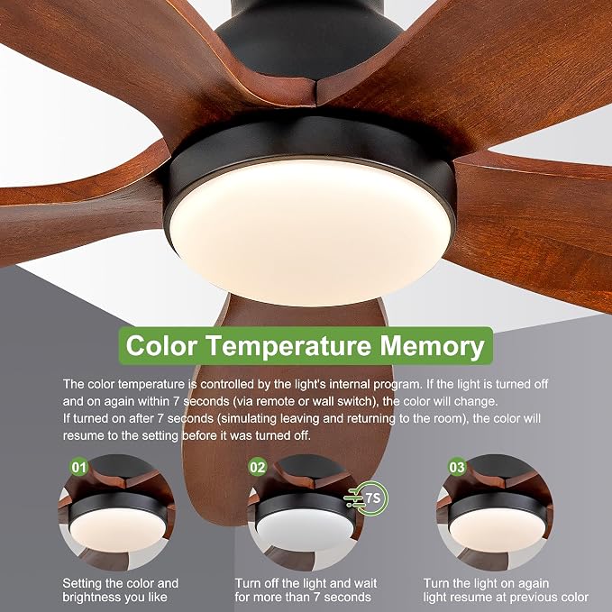 52 Inch Flush Mount Ceiling Fans with Lights, Remote, Dimmable, Power-Off Memory, Quiet DC Motor,5 Blades Wood Ceiling Fan