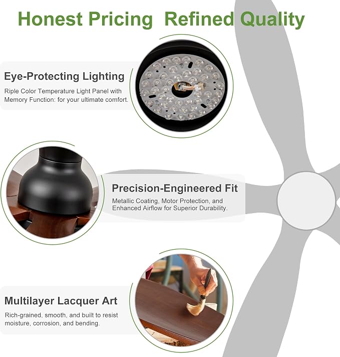 52 Inch Flush Mount Ceiling Fans with Lights, Remote, Dimmable, Power-Off Memory, Quiet DC Motor,5 Blades Wood Ceiling Fan