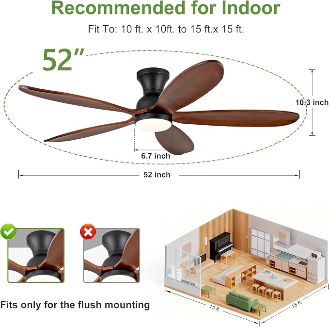 52 Inch Flush Mount Ceiling Fans with Lights, Remote, Dimmable, Power-Off Memory, Quiet DC Motor,5 Blades Wood Ceiling Fan