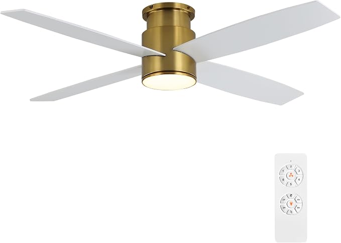 52 Inch Flush Mount DC Ceiling Fan with Lights and Remote, 4 Reversible Blades, Ultra Quiet 6-Speed DC Motor, Hugger Low