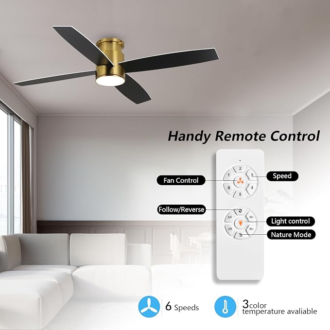 52 Inch Flush Mount DC Ceiling Fan with Lights and Remote, 4 Reversible Blades, Ultra Quiet 6-Speed DC Motor, Hugger Low
