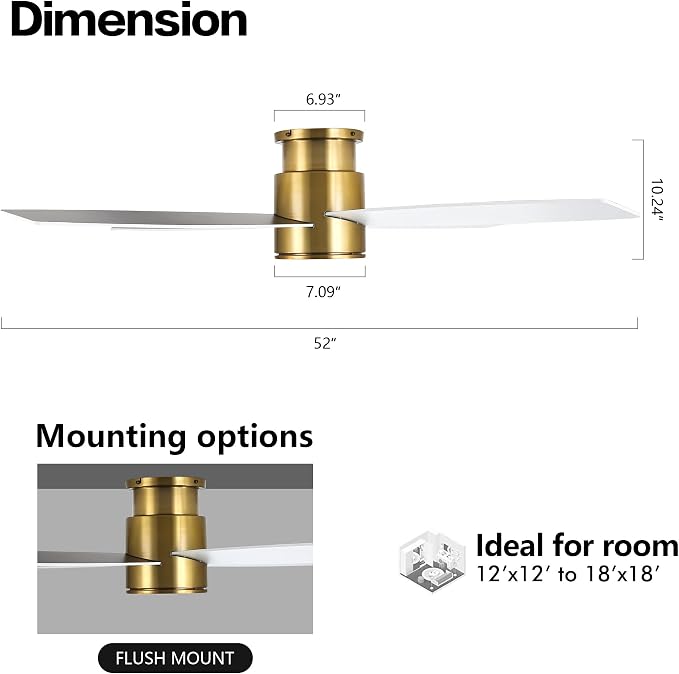 52 Inch Flush Mount DC Ceiling Fan with Lights and Remote, 4 Reversible Blades, Ultra Quiet 6-Speed DC Motor, Hugger Low