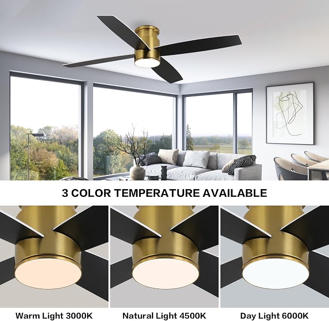 52 Inch Flush Mount DC Ceiling Fan with Lights and Remote, 4 Reversible Blades, Ultra Quiet 6-Speed DC Motor, Hugger Low