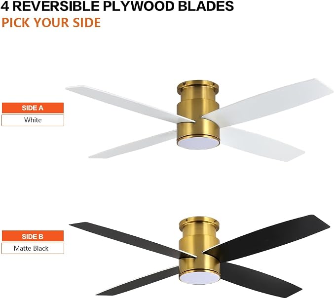 52 Inch Flush Mount DC Ceiling Fan with Lights and Remote, 4 Reversible Blades, Ultra Quiet 6-Speed DC Motor, Hugger Low