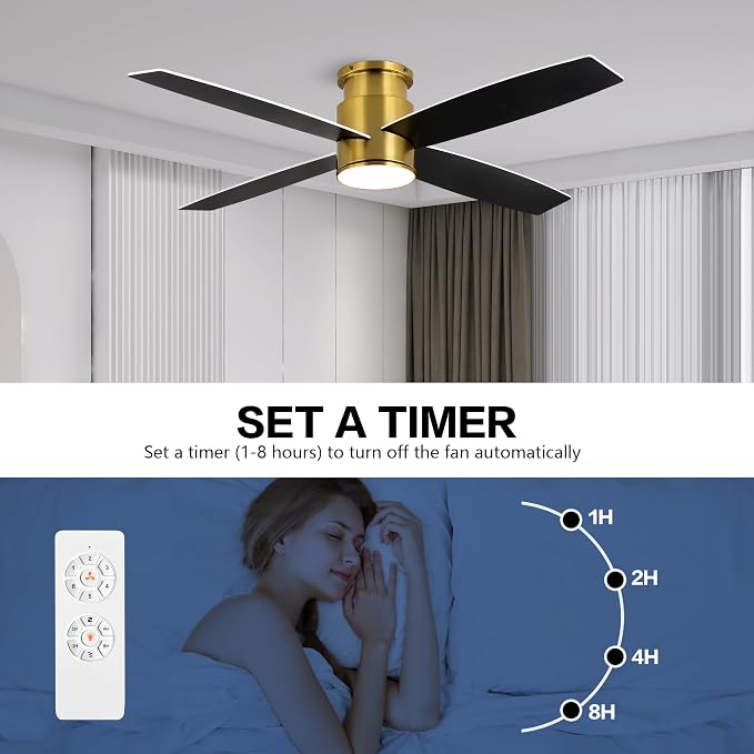52 Inch Flush Mount DC Ceiling Fan with Lights and Remote, 4 Reversible Blades, Ultra Quiet 6-Speed DC Motor, Hugger Low