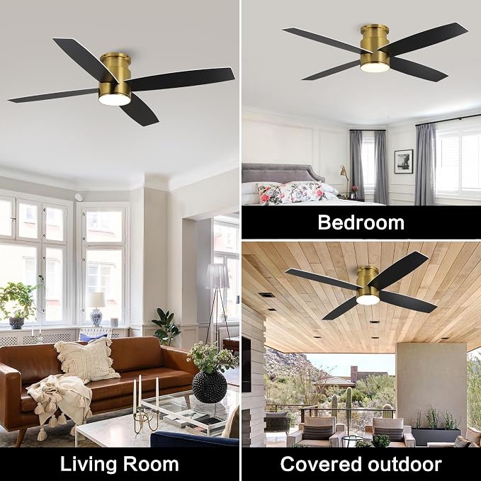 52 Inch Flush Mount DC Ceiling Fan with Lights and Remote, 4 Reversible Blades, Ultra Quiet 6-Speed DC Motor, Hugger Low