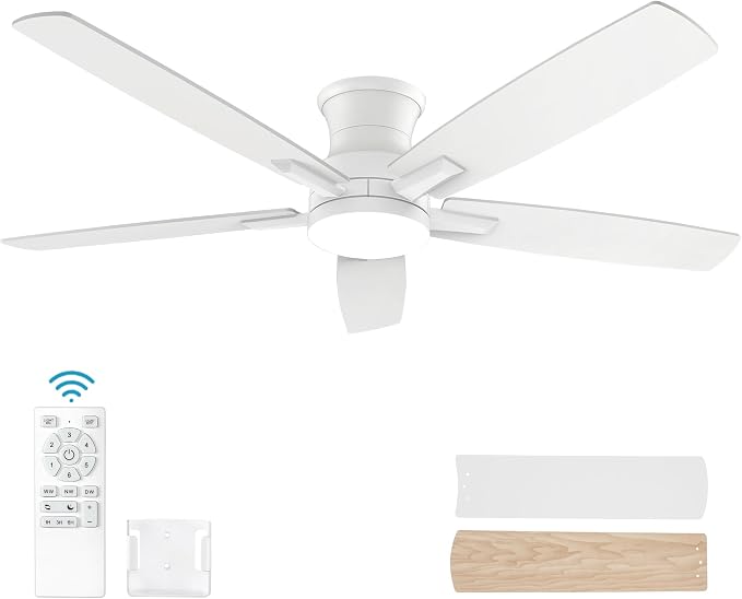 52 Inch Flush Mount White Ceiling Fan with Light and Remote Control.Noiseless,Dimmable,3CCT,6 Speeds Reversible, Low Profile