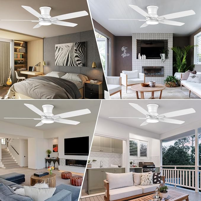 52 Inch Flush Mount White Ceiling Fan with Light and Remote Control.Noiseless,Dimmable,3CCT,6 Speeds Reversible, Low Profile
