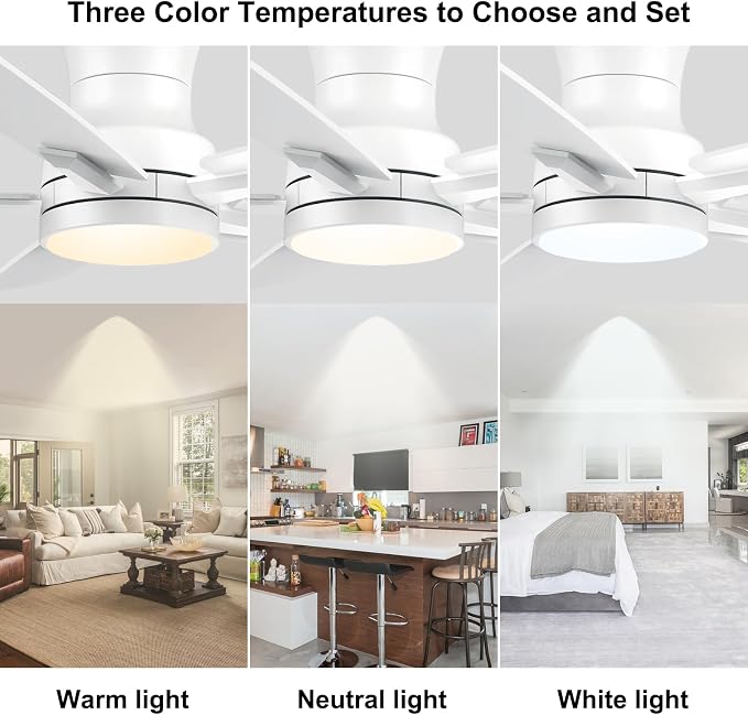 52 Inch Flush Mount White Ceiling Fan with Light and Remote Control.Noiseless,Dimmable,3CCT,6 Speeds Reversible, Low Profile