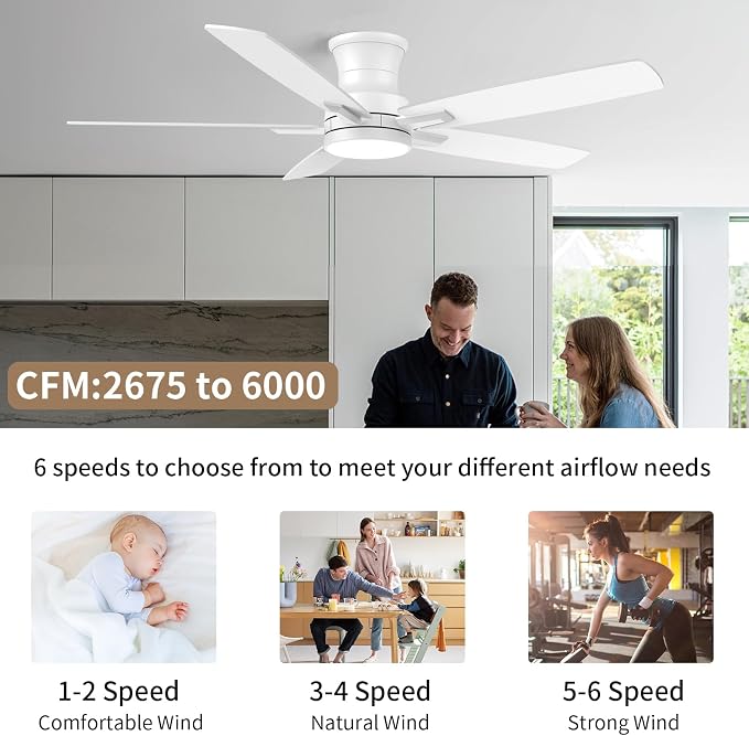 52 Inch Flush Mount White Ceiling Fan with Light and Remote Control.Noiseless,Dimmable,3CCT,6 Speeds Reversible, Low Profile