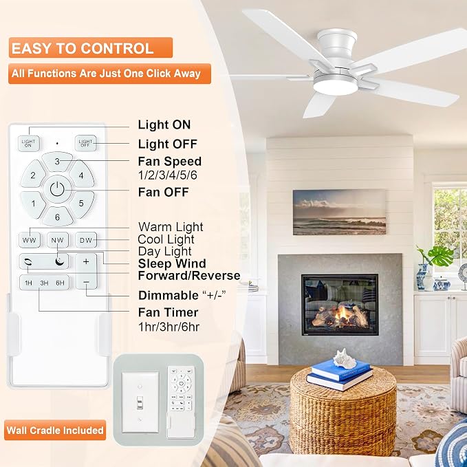 52 Inch Flush Mount White Ceiling Fan with Light and Remote Control.Noiseless,Dimmable,3CCT,6 Speeds Reversible, Low Profile