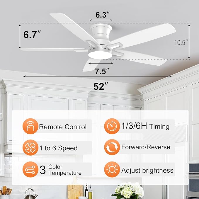 52 Inch Flush Mount White Ceiling Fan with Light and Remote Control.Noiseless,Dimmable,3CCT,6 Speeds Reversible, Low Profile