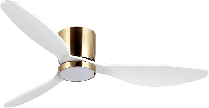 52 Inch Flush Mount White Ceiling Fan with Light Remote Control, Quiet DC Motor Low Profile 3 Wood Blade Modern Ceiling Fans