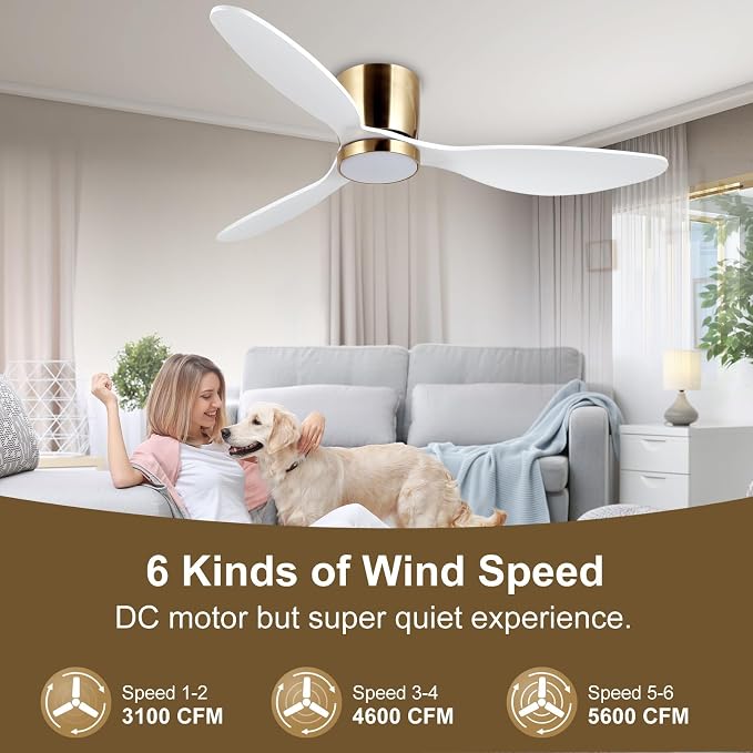 52 Inch Flush Mount White Ceiling Fan with Light Remote Control, Quiet DC Motor Low Profile 3 Wood Blade Modern Ceiling Fans