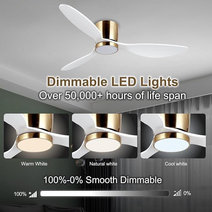 52 Inch Flush Mount White Ceiling Fan with Light Remote Control, Quiet DC Motor Low Profile 3 Wood Blade Modern Ceiling Fans