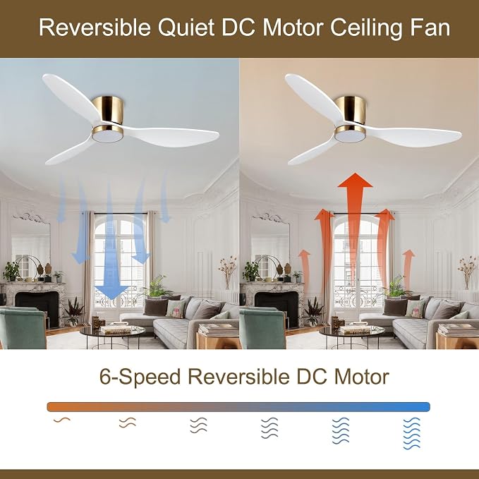 52 Inch Flush Mount White Ceiling Fan with Light Remote Control, Quiet DC Motor Low Profile 3 Wood Blade Modern Ceiling Fans