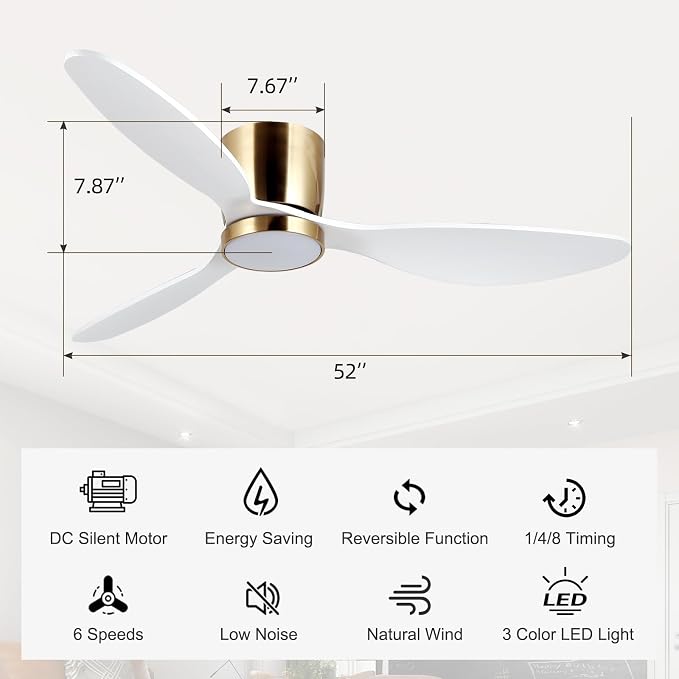 52 Inch Flush Mount White Ceiling Fan with Light Remote Control, Quiet DC Motor Low Profile 3 Wood Blade Modern Ceiling Fans