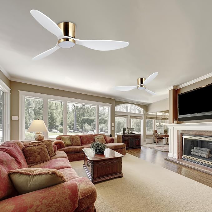 52 Inch Flush Mount White Ceiling Fan with Light Remote Control, Quiet DC Motor Low Profile 3 Wood Blade Modern Ceiling Fans