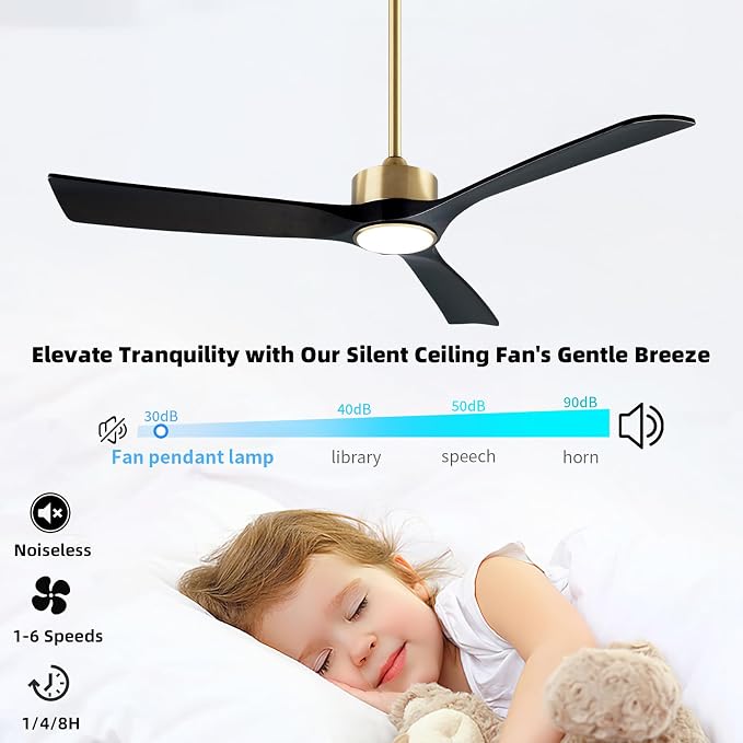 52 Inch Gold and Black Ceiling Fan with Lights and Remote - Reversible Wood Blades, Silent Operation, Warm Soft Light
