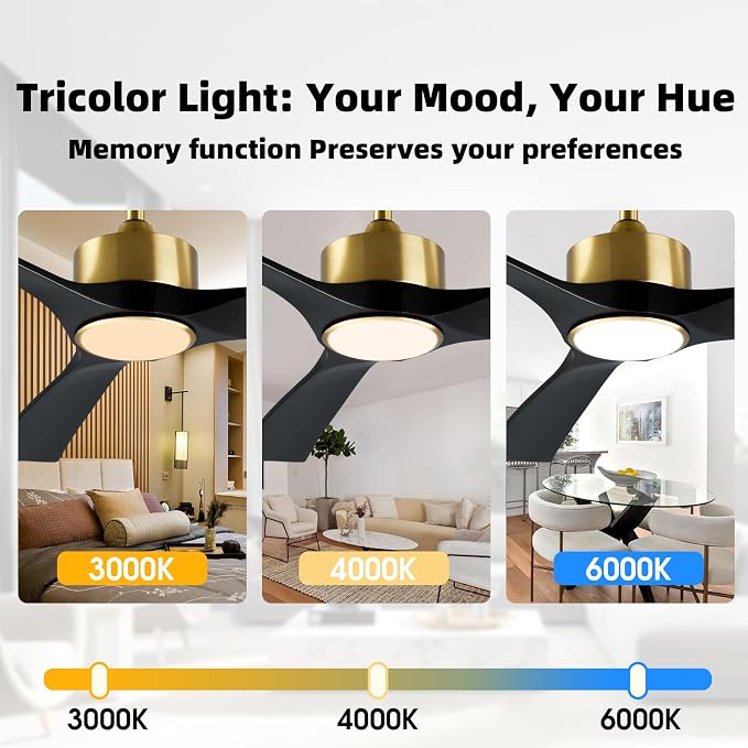 52 Inch Gold and Black Ceiling Fan with Lights and Remote - Reversible Wood Blades, Silent Operation, Warm Soft Light