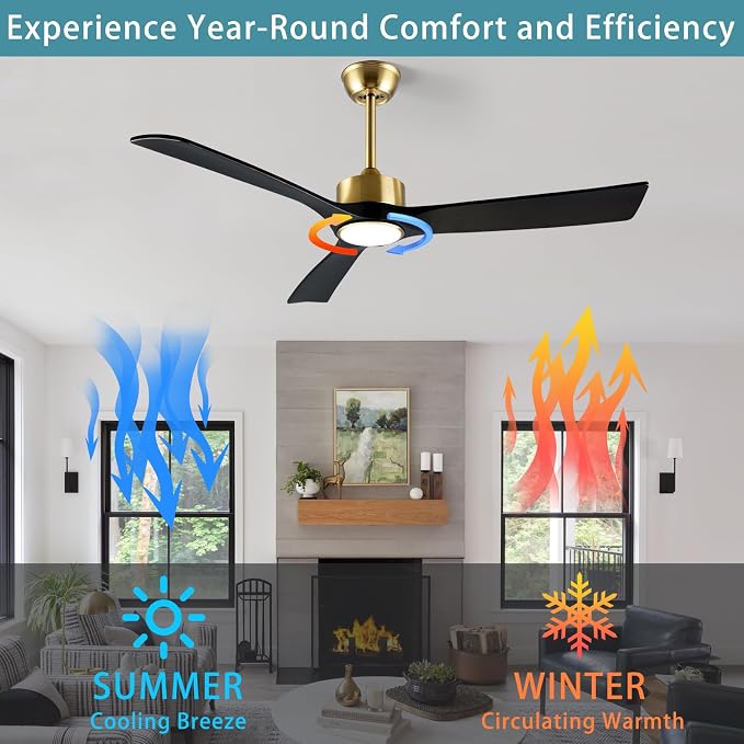 52 Inch Gold and Black Ceiling Fan with Lights and Remote - Reversible Wood Blades, Silent Operation, Warm Soft Light