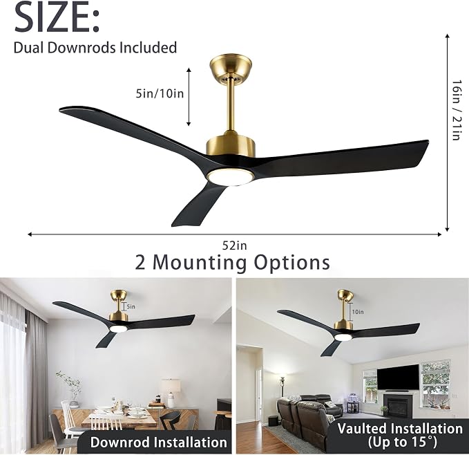 52 Inch Gold and Black Ceiling Fan with Lights and Remote - Reversible Wood Blades, Silent Operation, Warm Soft Light