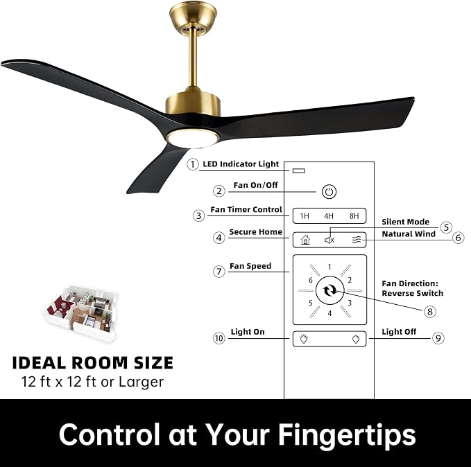 52 Inch Gold and Black Ceiling Fan with Lights and Remote - Reversible Wood Blades, Silent Operation, Warm Soft Light
