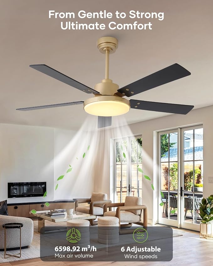 52 Inch Gold Ceiling Fans with Lights and Remote/APP, Modern Black and Gold Ceiling Fan, ETL Listed, Indoor, alternate view 2