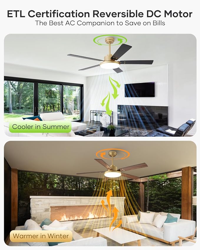 52 Inch Gold Ceiling Fans with Lights and Remote/APP, Modern Black and Gold Ceiling Fan, ETL Listed, Indoor, alternate view 5