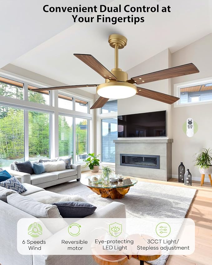 52 Inch Gold Ceiling Fans with Lights and Remote/APP, Modern Black and Gold Ceiling Fan, ETL Listed, Indoor, alternate view 6
