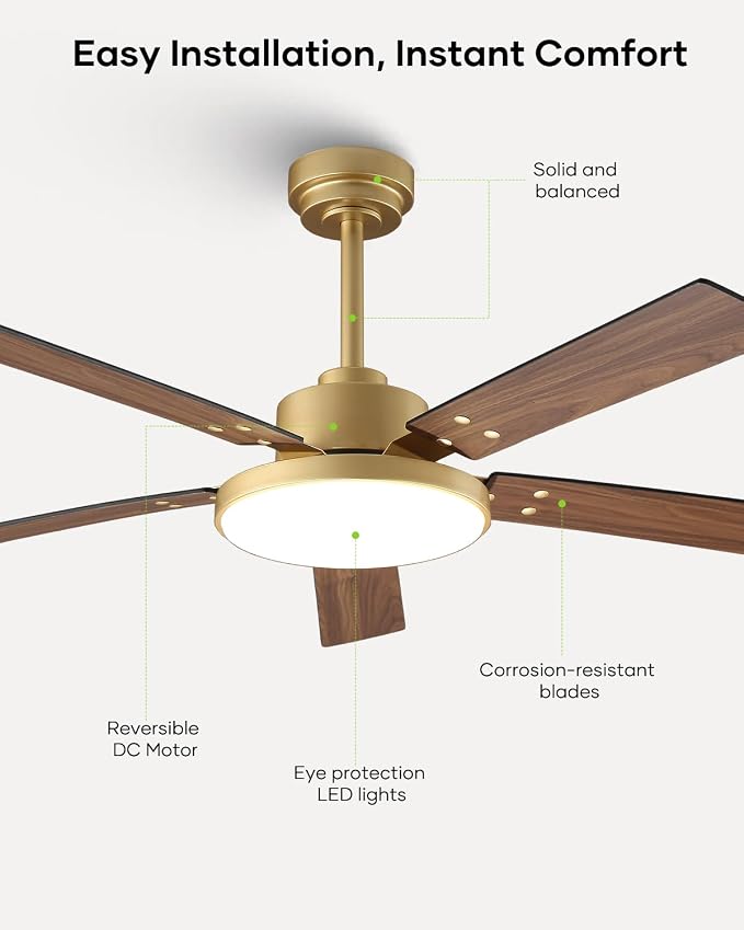 52 Inch Gold Ceiling Fans with Lights and Remote/APP, Modern Black and Gold Ceiling Fan, ETL Listed, Indoor, alternate view 7