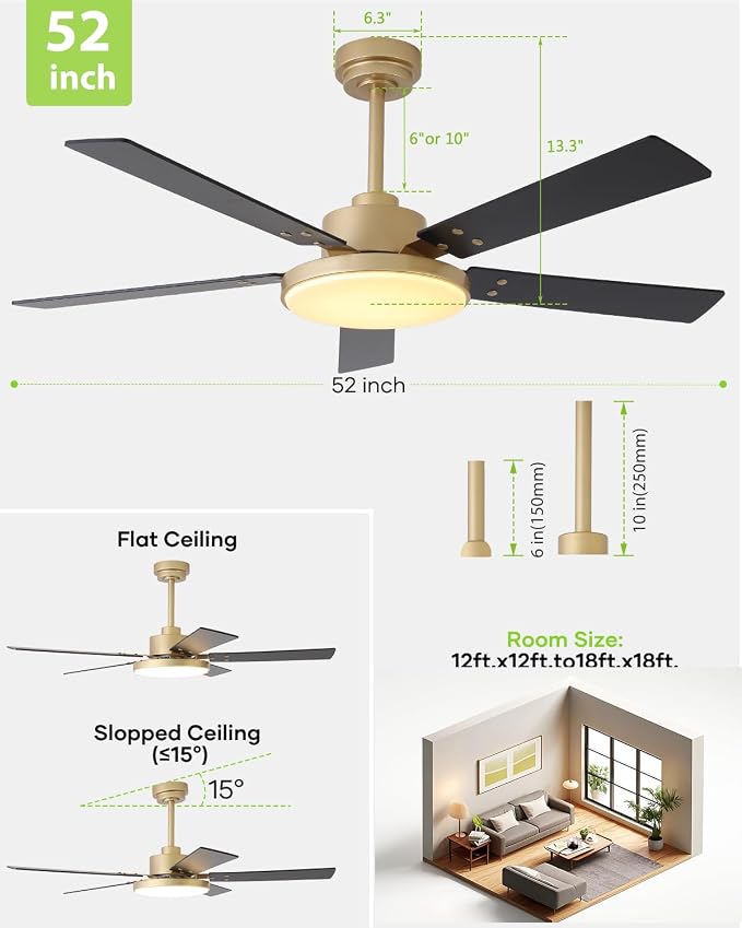 52 Inch Gold Ceiling Fans with Lights and Remote/APP, Modern Black and Gold Ceiling Fan, ETL Listed, Indoor, alternate view 8