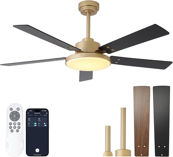 52 Inch Gold Ceiling Fans with Lights and Remote/APP, Modern Black and Gold Ceiling Fan, ETL Listed, Indoor, alternate view 9
