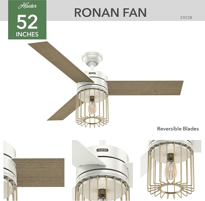 52 inch Indoor Ceiling Fan with LED Light and Remote Control - Modern White Ceiling Fan, Standard Mount, 3 Blades, For