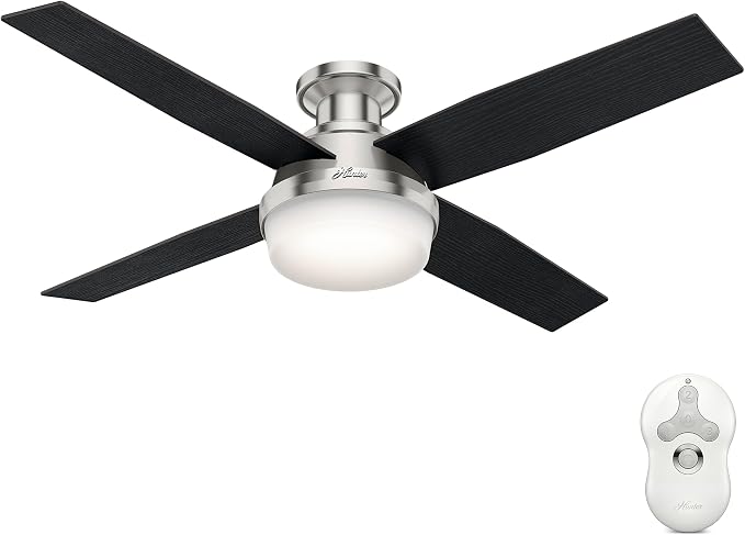52 inch Indoor Ceiling Fan with LED Light and Remote Control - Modern Ceiling Fan, Low Profile Mount, 4 Black Oak Blades, For