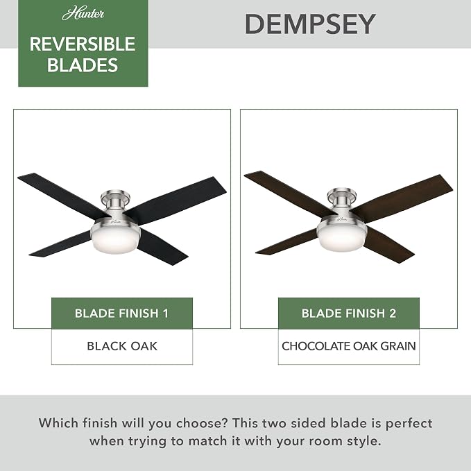 52 inch Indoor Ceiling Fan with LED Light and Remote Control - Modern Ceiling Fan, Low Profile Mount, 4 Black Oak Blades, For