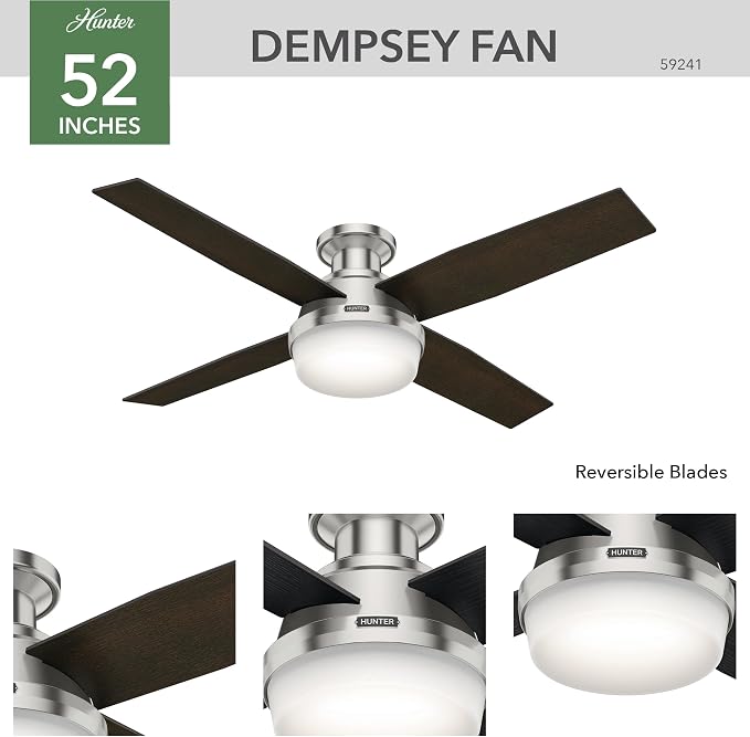 52 inch Indoor Ceiling Fan with LED Light and Remote Control - Modern Ceiling Fan, Low Profile Mount, 4 Black Oak Blades, For