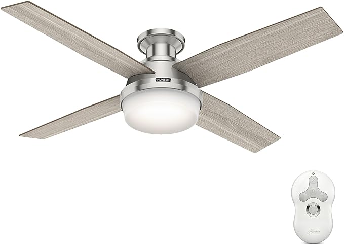 52 inch Indoor Ceiling Fan with LED Light and Remote Control- Modern Ceiling Fan, Low Profile Mount, 4 Light Gray Oak Blades