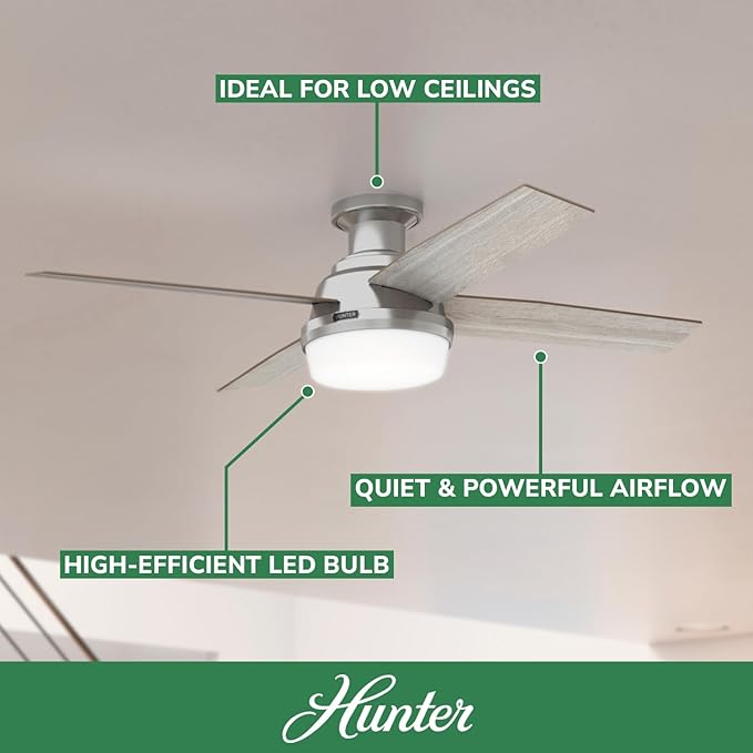 52 inch Indoor Ceiling Fan with LED Light and Remote Control- Modern Ceiling Fan, Low Profile Mount, 4 Light Gray Oak Blades