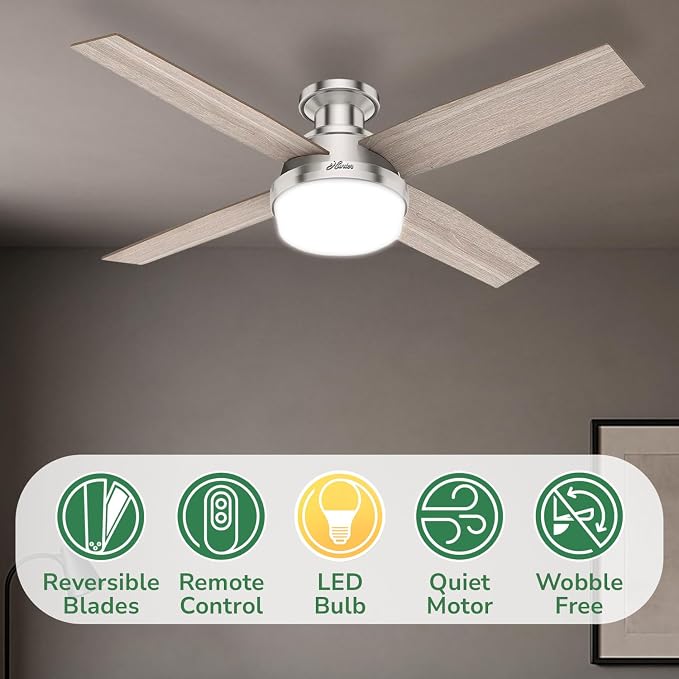 52 inch Indoor Ceiling Fan with LED Light and Remote Control- Modern Ceiling Fan, Low Profile Mount, 4 Light Gray Oak Blades