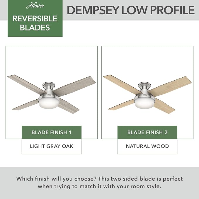 52 inch Indoor Ceiling Fan with LED Light and Remote Control- Modern Ceiling Fan, Low Profile Mount, 4 Light Gray Oak Blades