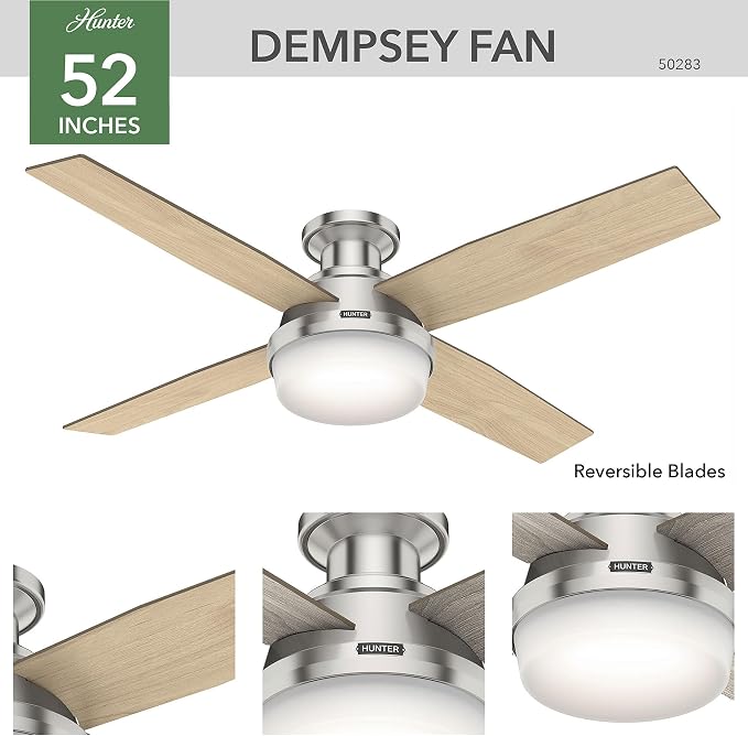52 inch Indoor Ceiling Fan with LED Light and Remote Control- Modern Ceiling Fan, Low Profile Mount, 4 Light Gray Oak Blades